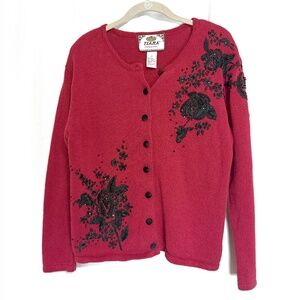 Vintage 90s Red Pinup Cardigan With Black Floral Embroidery and Beading Size M